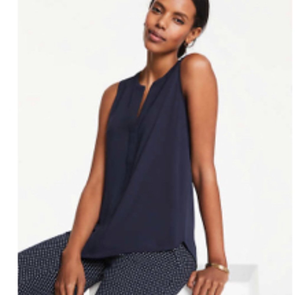 Ann Taylor Split Neck Mixed Media Navy Shell